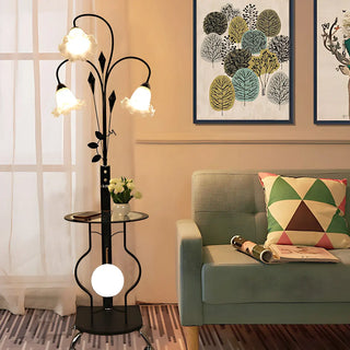 3-Light Countryside Curved and Floral Floor Lamp with Shelf Zawala Image - 3