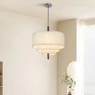 ZOWALA - White 3-Tiers Fabric Wood Adjustable Height Drum Chandelier Image - 1