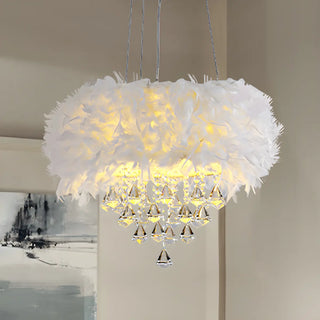 ZOWALA - Luxury White Feather and Crystal Drum Pendant Light Image - 1