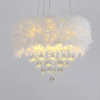ZOWALA - Luxury White Feather and Crystal Drum Pendant Light Image - 2