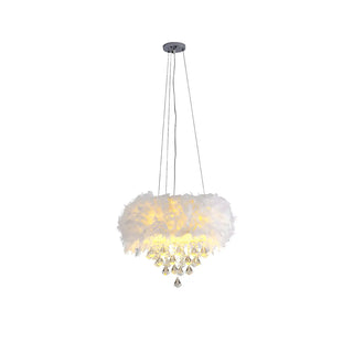 ZOWALA - Luxury White Feather and Crystal Drum Pendant Light Image - 4