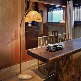 Rustic Fabric Cone and Marble Base Arched Floor Lamp Zawala Image - 1