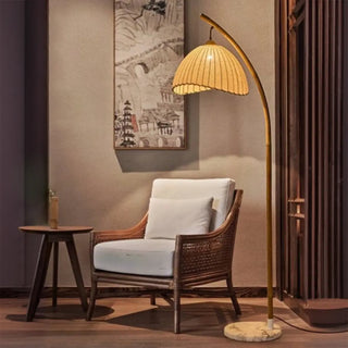 Rustic Fabric Cone and Marble Base Arched Floor Lamp Zawala Image - 2