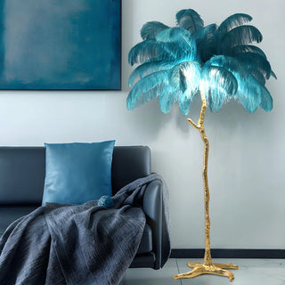 Artistic Blue Feather Gold Branch Base Floor Lamp Zawala Image - 1