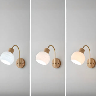 Modern Ribbed Glass Dome Bedside Wood Wall Sconce Image - 12