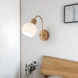 Modern Ribbed Glass Dome Bedside Wood Wall Sconce Image - 4
