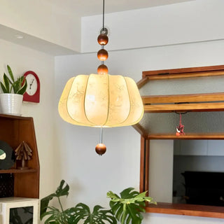 ZOWALA - Flower Pattern Fabric Beige Living Room Drum Chandelier Image - 2