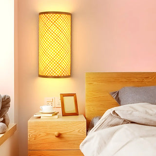 Coastal Cylinder Wood Rattan Entryway Beige Wall Sconce Zawala Image - 1