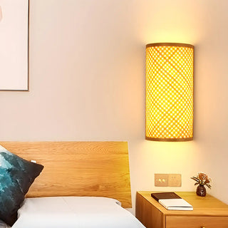 Coastal Cylinder Wood Rattan Entryway Beige Wall Sconce Zawala Image - 2
