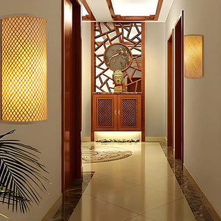 Coastal Cylinder Wood Rattan Entryway Beige Wall Sconce Zawala Image - 4