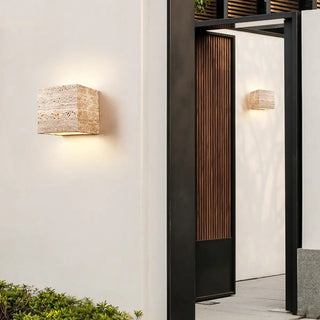 Outdoor Beige Stone Rectangular Up Down Wall Lamp Zawala Image - 2