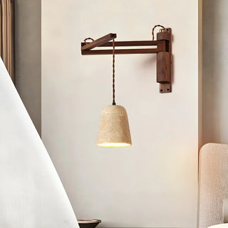 Japanese Swing Arm Bell Wood Stone Bedroom Brown Wall Light Image - 1