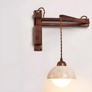 Japanese Swing Arm Bell Wood Stone Bedroom Brown Wall Light Image - 10