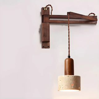 Japanese Swing Arm Bell Wood Stone Bedroom Brown Wall Light Image - 11
