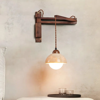 Japanese Swing Arm Bell Wood Stone Bedroom Brown Wall Light Image - 2