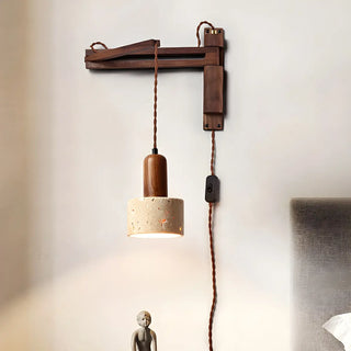 Japanese Swing Arm Bell Wood Stone Bedroom Brown Wall Light Image - 3