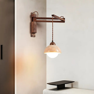 Japanese Swing Arm Bell Wood Stone Bedroom Brown Wall Light Image - 4