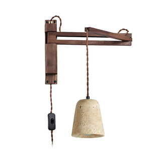 Japanese Swing Arm Bell Wood Stone Bedroom Brown Wall Light Image - 5