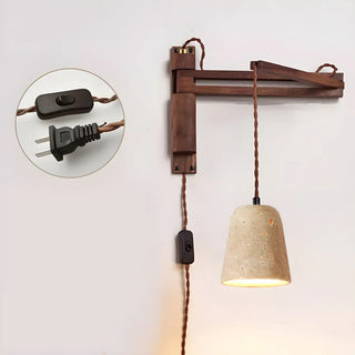 Japanese Swing Arm Bell Wood Stone Bedroom Brown Wall Light Image - 6