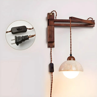 Japanese Swing Arm Bell Wood Stone Bedroom Brown Wall Light Image - 7
