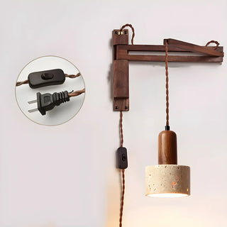 Japanese Swing Arm Bell Wood Stone Bedroom Brown Wall Light Image - 8