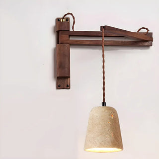 Japanese Swing Arm Bell Wood Stone Bedroom Brown Wall Light Image - 9