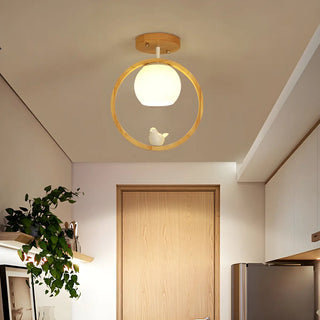 ZOWALA - Natural Wood Ring Globe Glass Semi-Flush Mount Light Image - 1