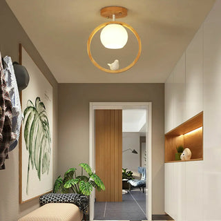 ZOWALA - Natural Wood Ring Globe Glass Semi-Flush Mount Light Image - 12