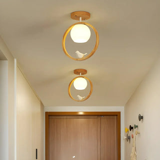 ZOWALA - Natural Wood Ring Globe Glass Semi-Flush Mount Light Image - 2