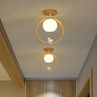 ZOWALA - Natural Wood Ring Globe Glass Semi-Flush Mount Light Image - 3