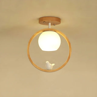 ZOWALA - Natural Wood Ring Globe Glass Semi-Flush Mount Light Image - 4