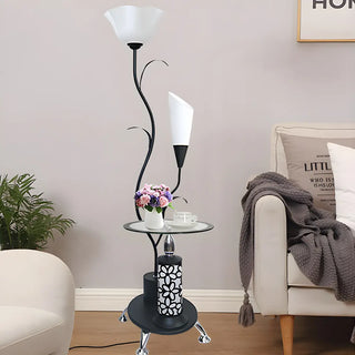 Rustic Branch Black Floral and Cone Floor Lamp with Shelf Zawala Image - 1