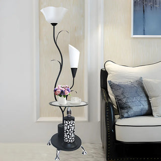 Rustic Branch Black Floral and Cone Floor Lamp with Shelf Zawala Image - 2
