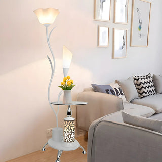 Rustic Branch Black Floral and Cone Floor Lamp with Shelf Zawala Image - 4