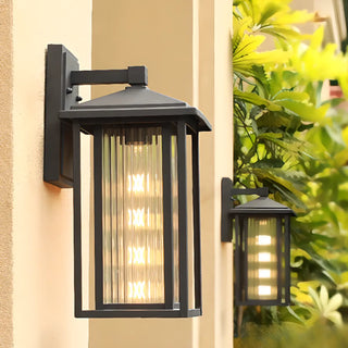 Black Mini Modern Lantern Glass Outdoor Wall Light Image - 1