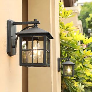 Black Mini Modern Lantern Glass Outdoor Wall Light Image - 6