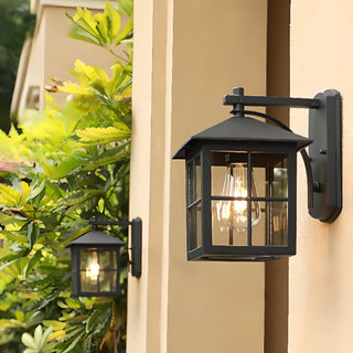 Black Mini Modern Lantern Glass Outdoor Wall Light Image - 8