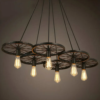 Wagon Wheel Metal Black Edison Farmhouse Chandelier Image - 2