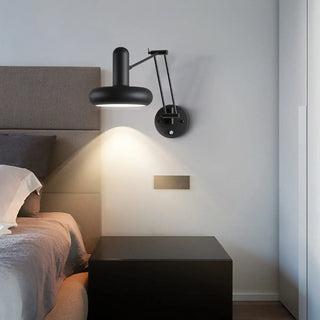 Contemporary Swing Arm Round Metal Bedroom Black Wall Light Image - 1