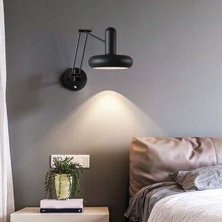 Contemporary Swing Arm Round Metal Bedroom Black Wall Light Image - 2