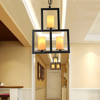 Square 3-Light Candle Black Geometric Entryway Chandelier Image - 1
