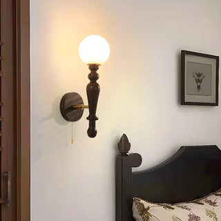 Frosted Glass Globe Wood Wall Sconce with Pull Chain Zawala Image - 3