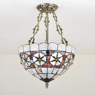 Tiffany Stained Glass Brass Bowl Semi-Flush Mount Light Image - 2