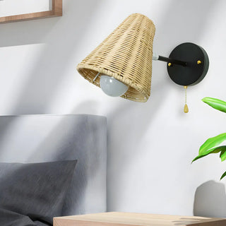 Coastal Cone Rattan Bedroom Brown Mini Wall Sconce Zawala Image - 1