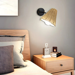 Coastal Cone Rattan Bedroom Brown Mini Wall Sconce Zawala Image - 2