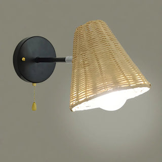 Coastal Cone Rattan Bedroom Brown Mini Wall Sconce Zawala Image - 3