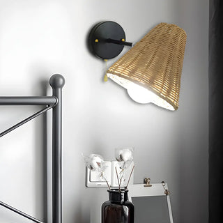 Coastal Cone Rattan Bedroom Brown Mini Wall Sconce Zawala Image - 6