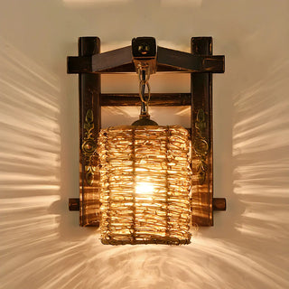 Coastal Cylinder Rattan Wood Restaurant Brown Wall Sconce Zawala Image - 1