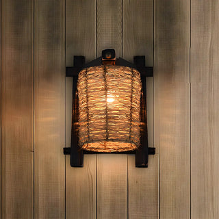 Coastal Cylinder Rattan Wood Restaurant Brown Wall Sconce Zawala Image - 10