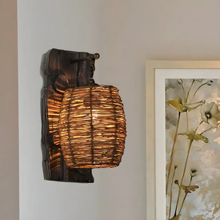 Coastal Cylinder Rattan Wood Restaurant Brown Wall Sconce Zawala Image - 13